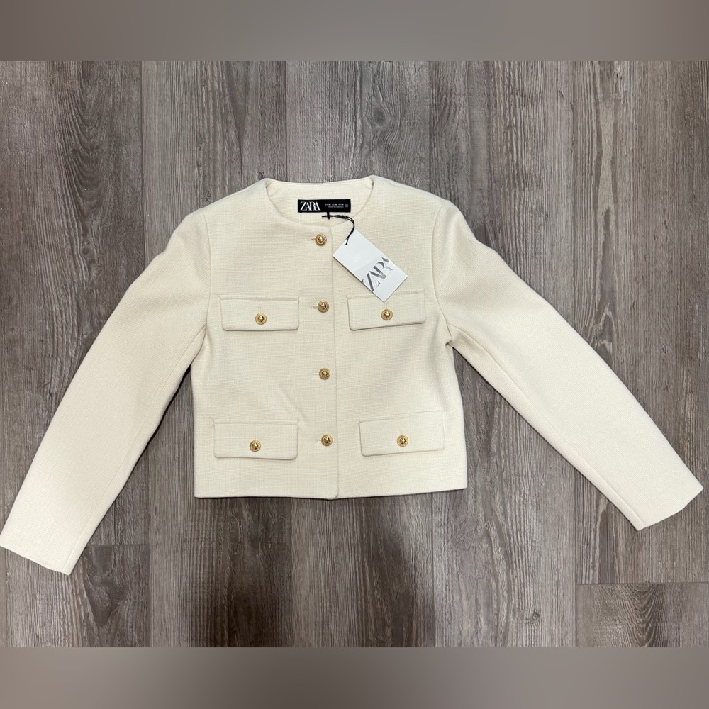 Zara Cream Cropped Jacket with Gold Buttons